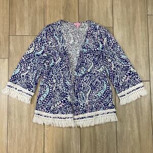 Lilly Pulitzer Fringe Kimono Jacket Cotton Blue White Print Size Small